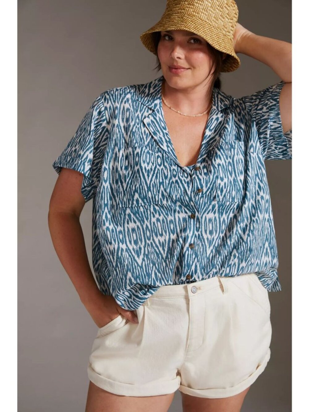 Anthropologie Pilcro Printed Voile Surf Shirt XS Ikat Button Blue Coastal Beachy